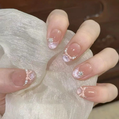 24Pcs Gradient Pink Full Cover Fake Nail Tips with White Bow Glitter Almond False Nails Grid Pattern Press on Nails Wearable