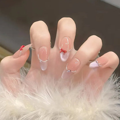 24Pcs Gradient Pink Full Cover Fake Nail Tips with White Bow Glitter Almond False Nails Grid Pattern Press on Nails Wearable