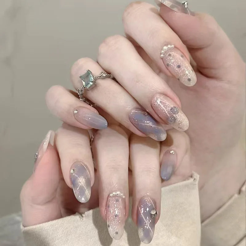 24Pcs Gradient Pink Full Cover Fake Nail Tips with White Bow Glitter Almond False Nails Grid Pattern Press on Nails Wearable