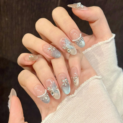 24Pcs Gradient Pink Full Cover Fake Nail Tips with White Bow Glitter Almond False Nails Grid Pattern Press on Nails Wearable