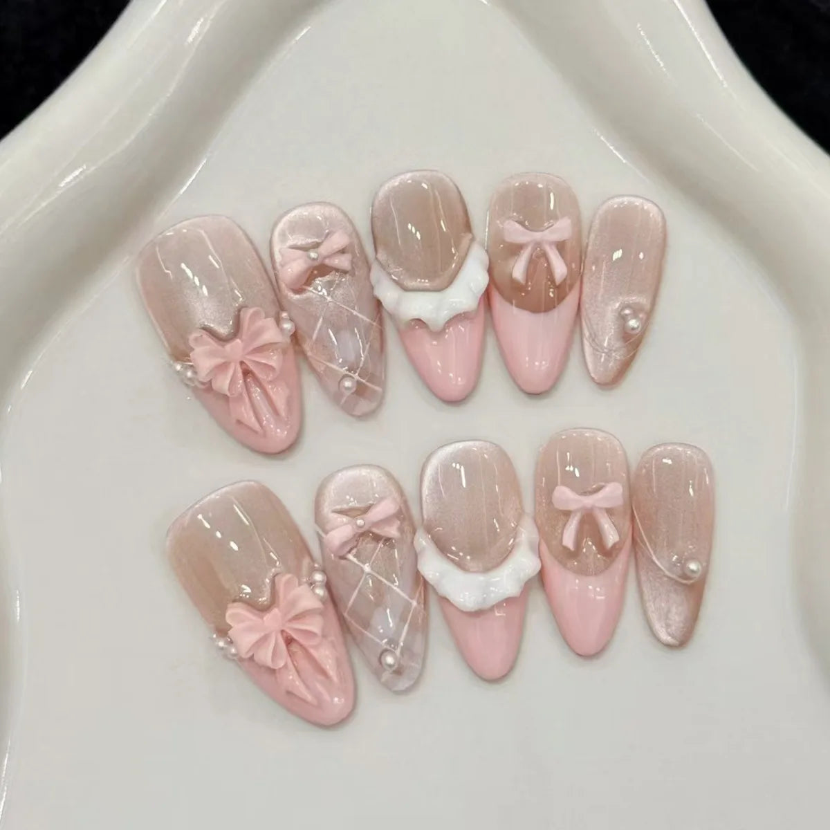 24Pcs Gradient Pink Full Cover Fake Nail Tips with White Bow Glitter Almond False Nails Grid Pattern Press on Nails Wearable