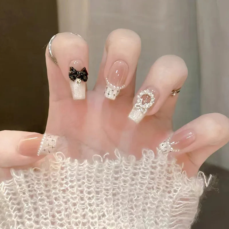 24Pcs Gradient Pink Full Cover Fake Nail Tips with White Bow Glitter Almond False Nails Grid Pattern Press on Nails Wearable