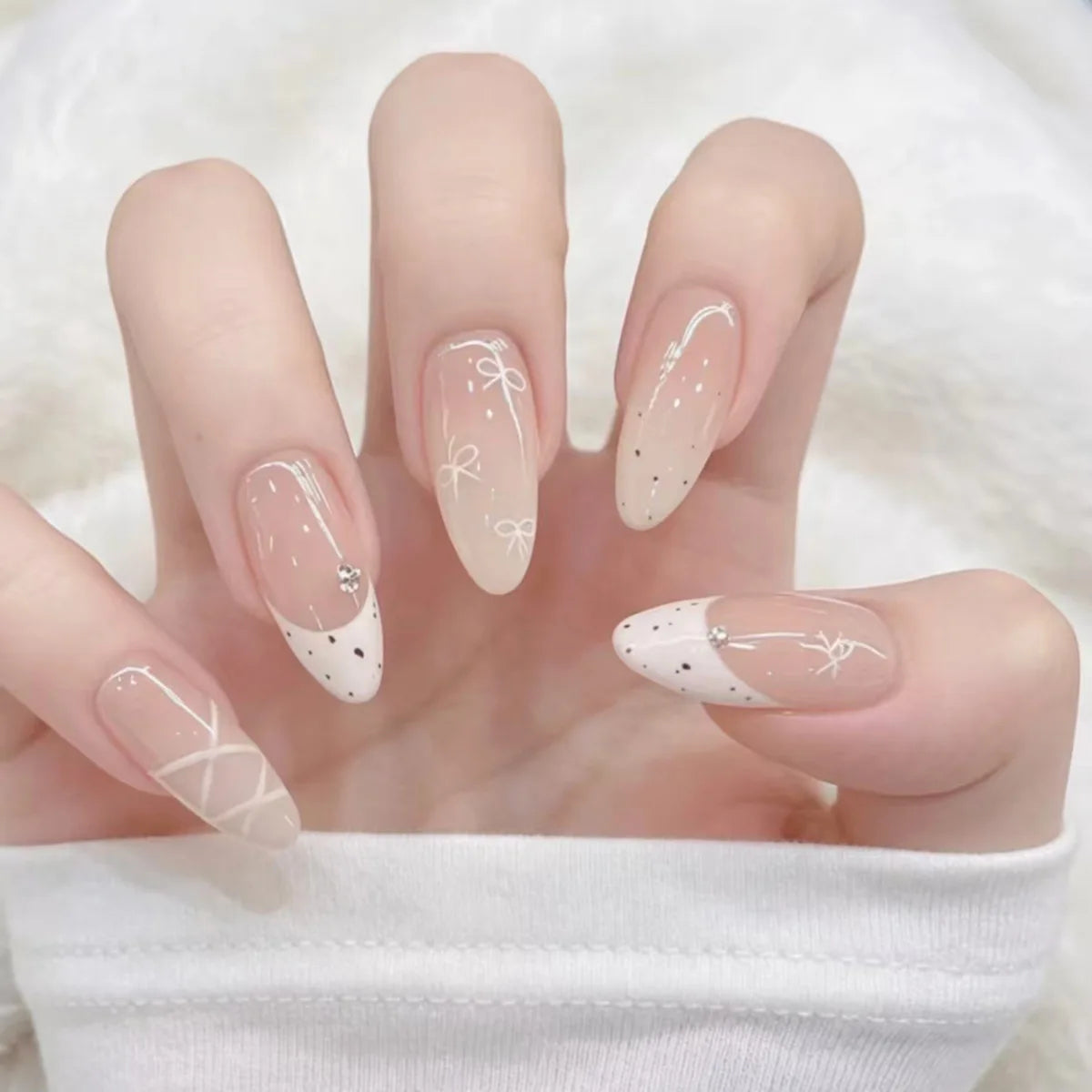 24Pcs Gradient Pink Full Cover Fake Nail Tips with White Bow Glitter Almond False Nails Grid Pattern Press on Nails Wearable