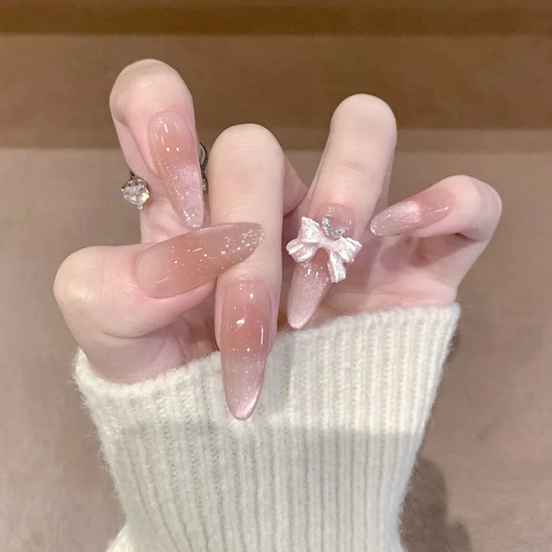 24Pcs Gradient Pink Full Cover Fake Nail Tips with White Bow Glitter Almond False Nails Grid Pattern Press on Nails Wearable