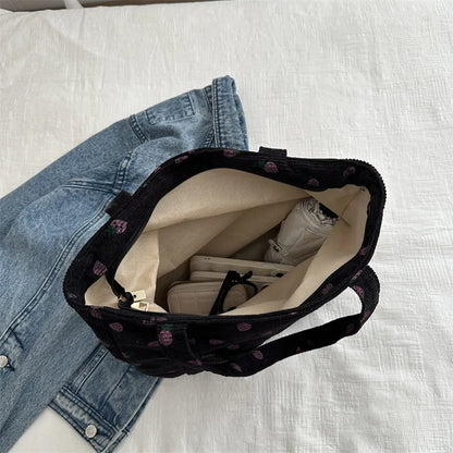 Corduroy Handbag Strawberries Beach Bag Fashionable Versatile Shoulder Bag Largecapacity Simple Commuter Women'S Tote Bag Bolsos