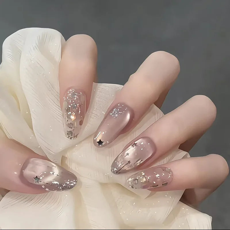 24Pcs Gradient Pink Full Cover Fake Nail Tips with White Bow Glitter Almond False Nails Grid Pattern Press on Nails Wearable