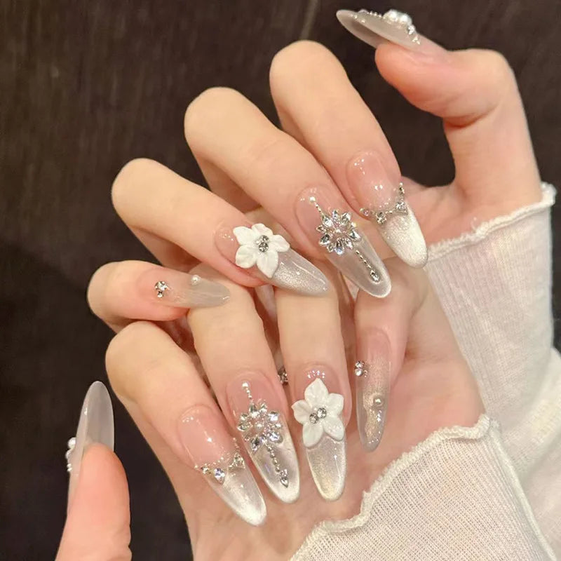 24Pcs Gradient Pink Full Cover Fake Nail Tips with White Bow Glitter Almond False Nails Grid Pattern Press on Nails Wearable