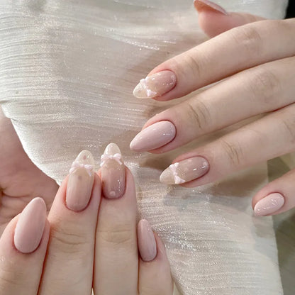 24Pcs Gradient Pink Full Cover Fake Nail Tips with White Bow Glitter Almond False Nails Grid Pattern Press on Nails Wearable