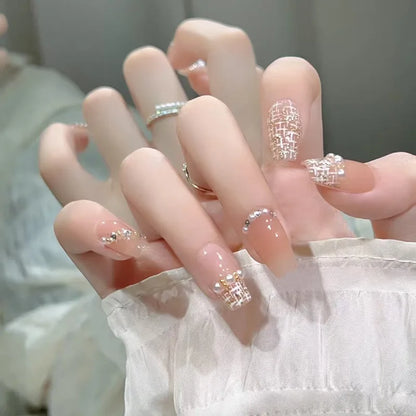 24Pcs Gradient Pink Full Cover Fake Nail Tips with White Bow Glitter Almond False Nails Grid Pattern Press on Nails Wearable
