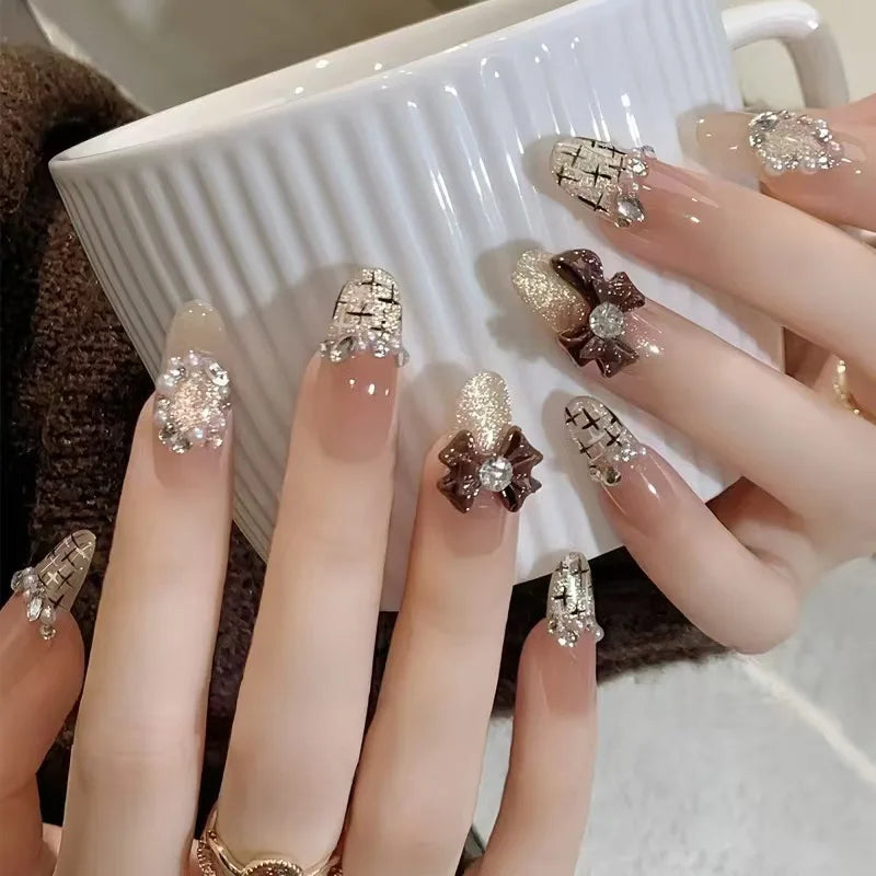 24Pcs Gradient Pink Full Cover Fake Nail Tips with White Bow Glitter Almond False Nails Grid Pattern Press on Nails Wearable