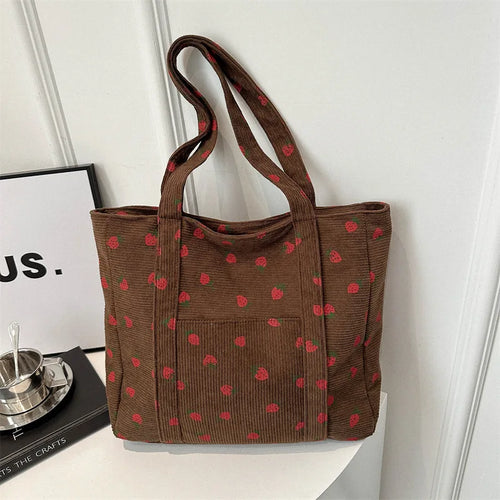 Corduroy Handbag Strawberries Beach Bag Fashionable Versatile Shoulder Bag Largecapacity Simple Commuter Women'S Tote Bag Bolsos