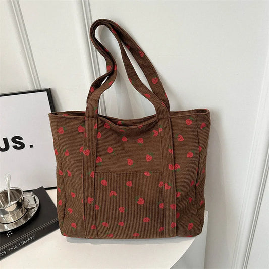 Corduroy Handbag Strawberries Beach Bag Fashionable Versatile Shoulder Bag Largecapacity Simple Commuter Women'S Tote Bag Bolsos