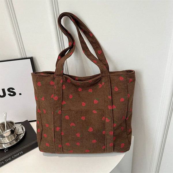 Corduroy Handbag Strawberries Beach Bag Fashionable Versatile Shoulder Bag Largecapacity Simple Commuter Women'S Tote Bag Bolsos