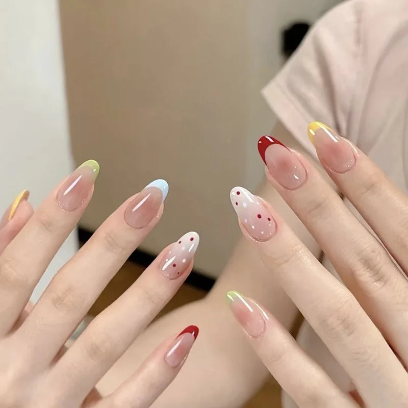 24Pcs Gradient Pink Full Cover Fake Nail Tips with White Bow Glitter Almond False Nails Grid Pattern Press on Nails Wearable