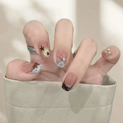 24Pcs Gradient Pink Full Cover Fake Nail Tips with White Bow Glitter Almond False Nails Grid Pattern Press on Nails Wearable