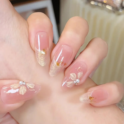24Pcs Gradient Pink Full Cover Fake Nail Tips with White Bow Glitter Almond False Nails Grid Pattern Press on Nails Wearable