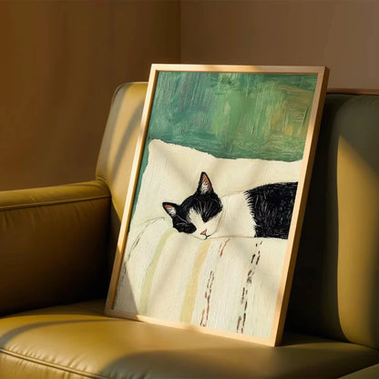 Funny Sleeping Tuxedo Cat Wall Art Print: Black and White Cat Painting, Unframed Cat Poster Gift Home Decoration