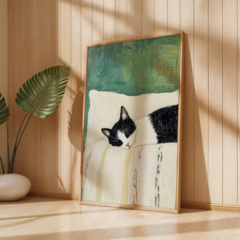 Funny Sleeping Tuxedo Cat Wall Art Print: Black and White Cat Painting, Unframed Cat Poster Gift Home Decoration