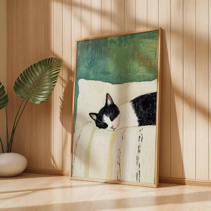 Funny Sleeping Tuxedo Cat Wall Art Print: Black and White Cat Painting, Unframed Cat Poster Gift Home Decoration