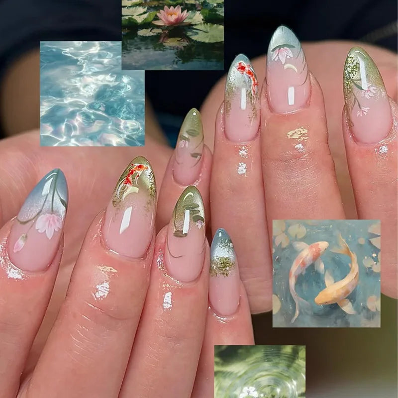 24Pcs/Set French Almond Press on Nails Pink Flower Fake Nails Spicy Girls False Nail Artificial Tips 네일팁 Накладные Ногти Uñas