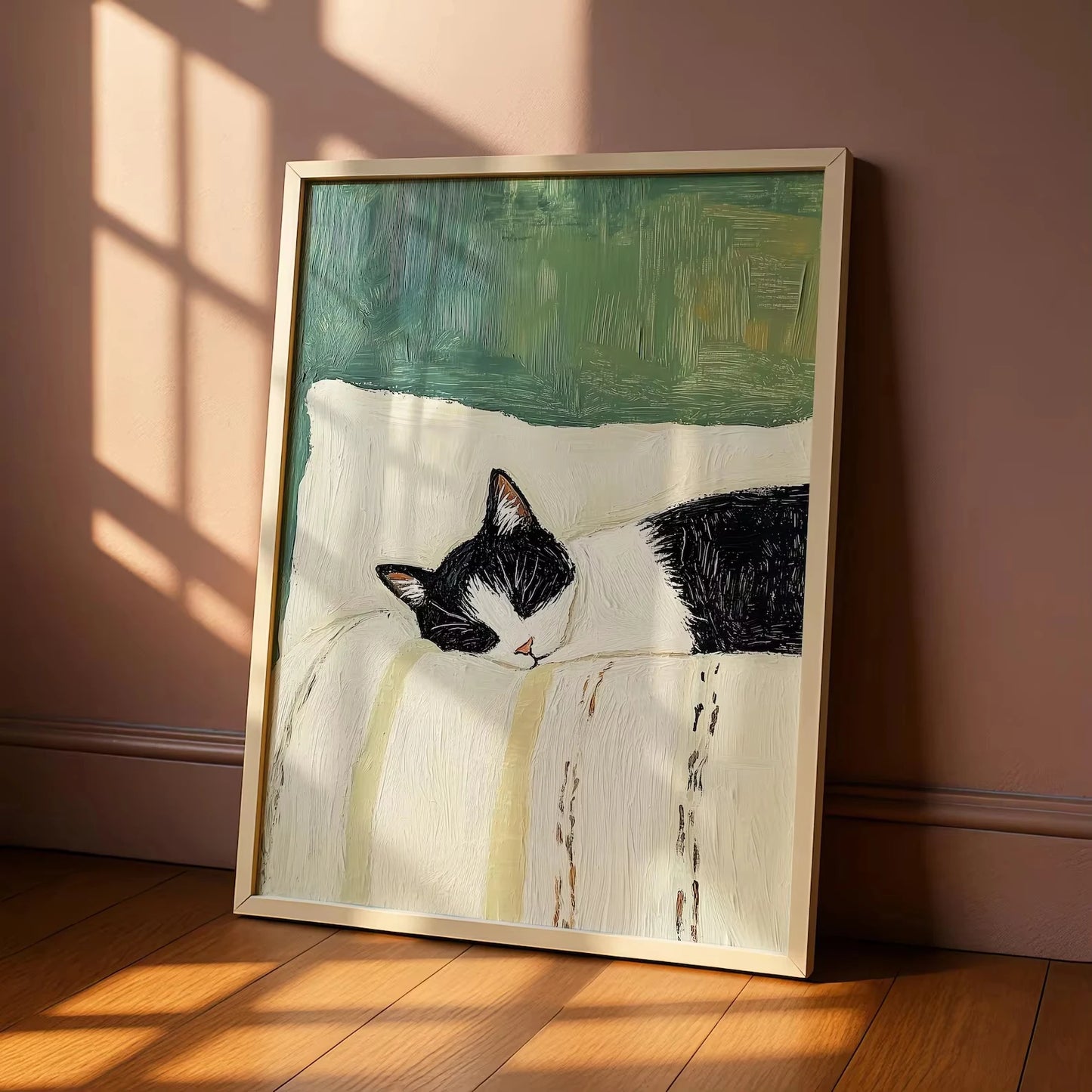 Funny Sleeping Tuxedo Cat Wall Art Print: Black and White Cat Painting, Unframed Cat Poster Gift Home Decoration