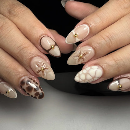 24Pcs/Set French Almond Press on Nails Pink Flower Fake Nails Spicy Girls False Nail Artificial Tips 네일팁 Накладные Ногти Uñas