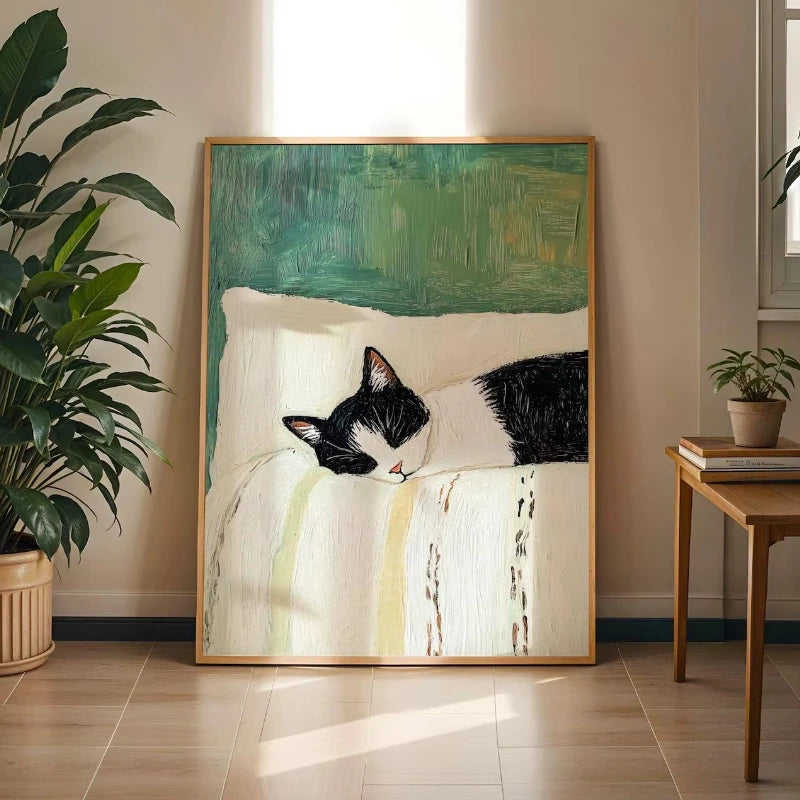Funny Sleeping Tuxedo Cat Wall Art Print: Black and White Cat Painting, Unframed Cat Poster Gift Home Decoration