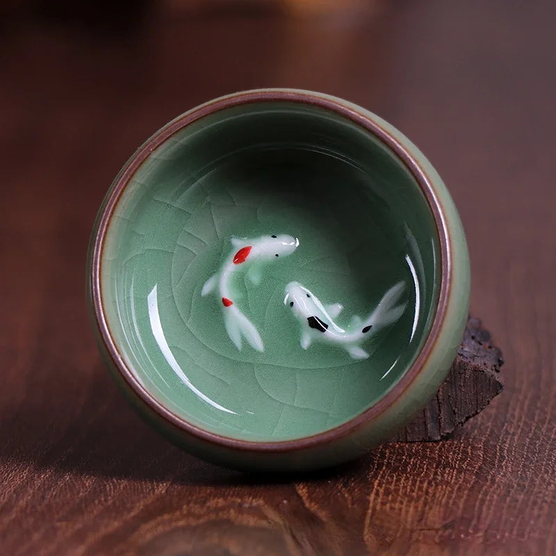 60Ml Crackle Golden Fish Celadon Porcelain Teacups Delicate Longquan Tea Cup Bowl Kungfu Serviceable Chinese Tea Cup Tea Making