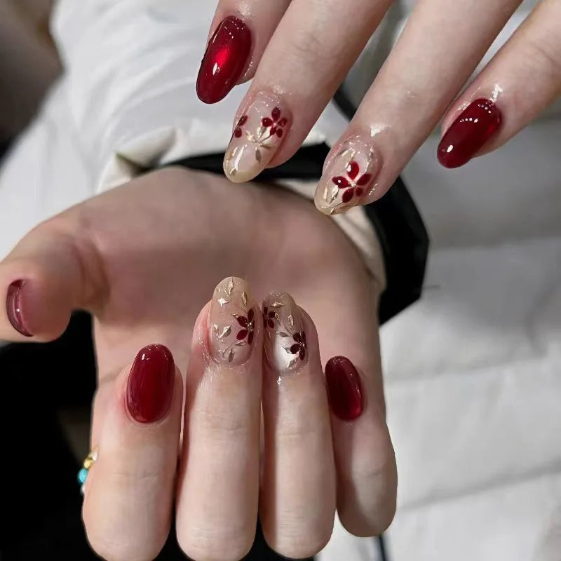 24Pcs/Set French Almond Press on Nails Pink Flower Fake Nails Spicy Girls False Nail Artificial Tips 네일팁 Накладные Ногти Uñas