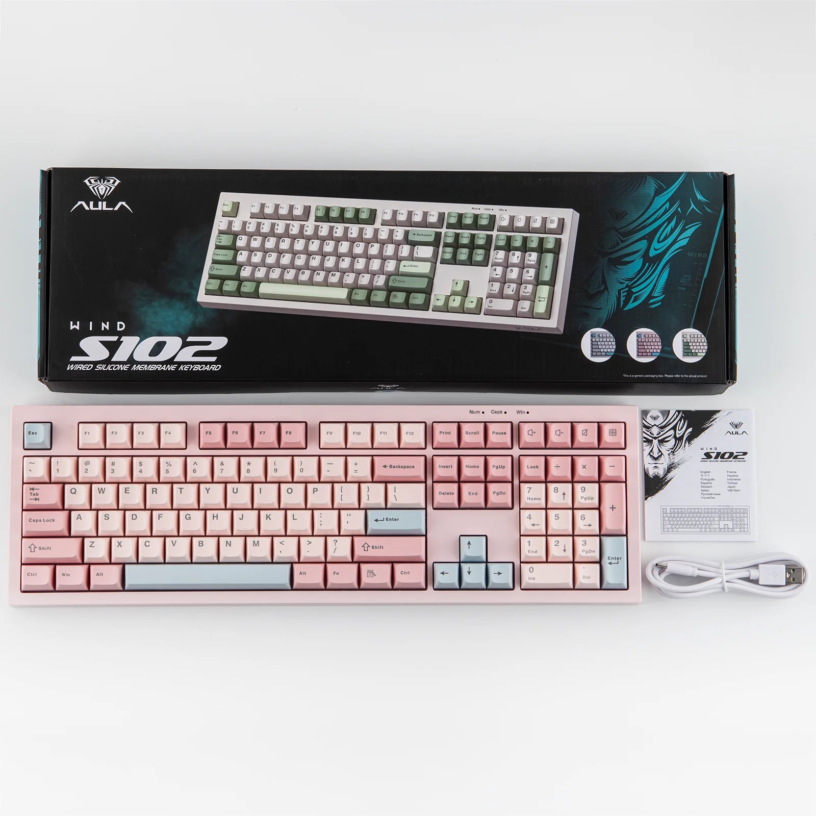 S102 100% Full Size Layout Wired Only Membrane Gaming Silent Keyboard with Number Pad & RGB Backlight for Pc/Game/Office