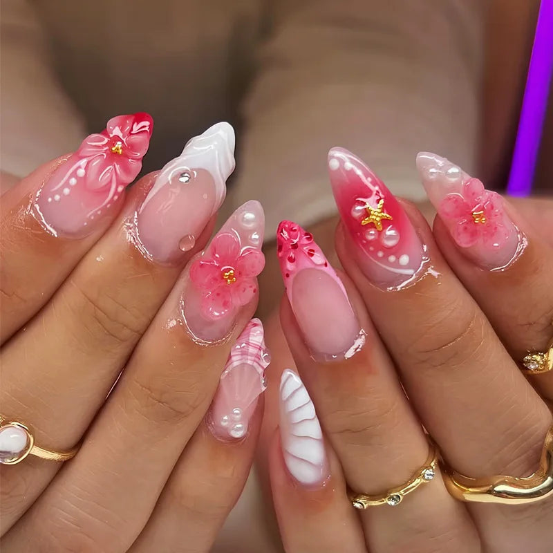 24Pcs/Set French Almond Press on Nails Pink Flower Fake Nails Spicy Girls False Nail Artificial Tips 네일팁 Накладные Ногти Uñas