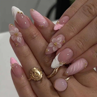 24Pcs/Set French Almond Press on Nails Pink Flower Fake Nails Spicy Girls False Nail Artificial Tips 네일팁 Накладные Ногти Uñas
